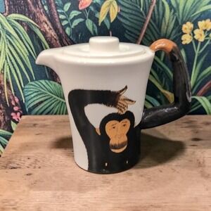 Pier 1 Imports Hand Painted Monkey Coffee Pot, Vintage Chimpanzee Lidded Pitcher